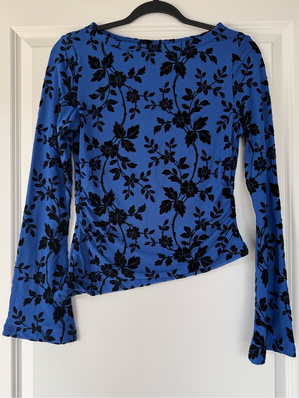 Blue Floral Long-Sleeve Boatneck Top
